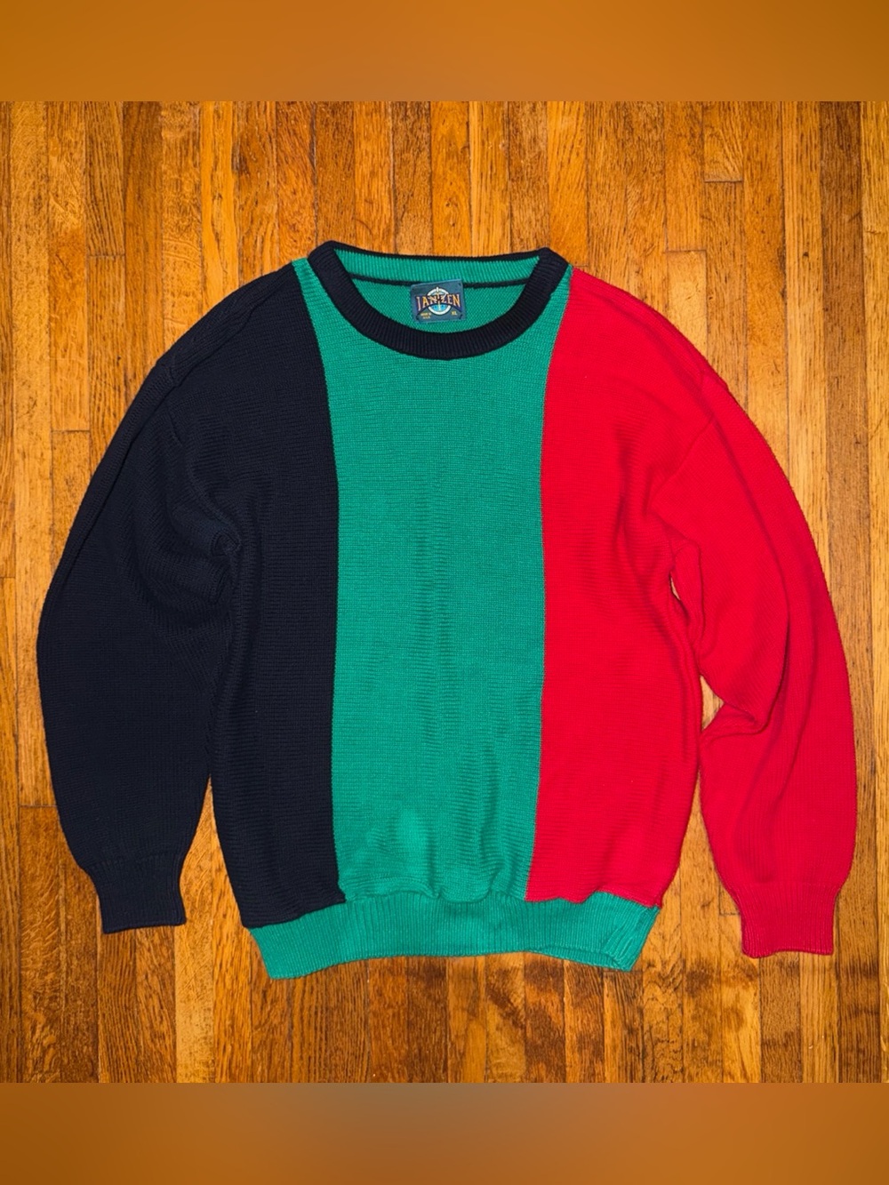 Vintage JANTZEN Colorblock Navy Blue, Green, and Red Sweater XL